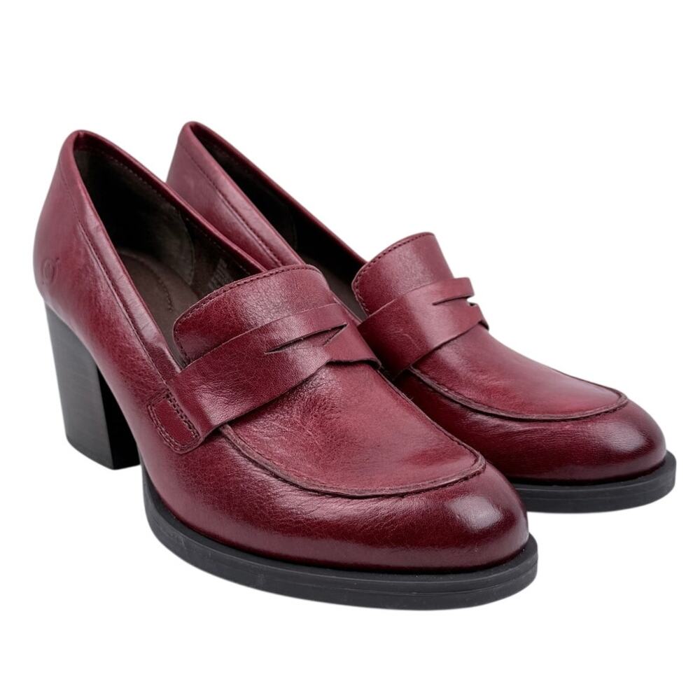 Born Holliston Leather Block Heel Penny Loafers Burgundy Red Preppy Office 8